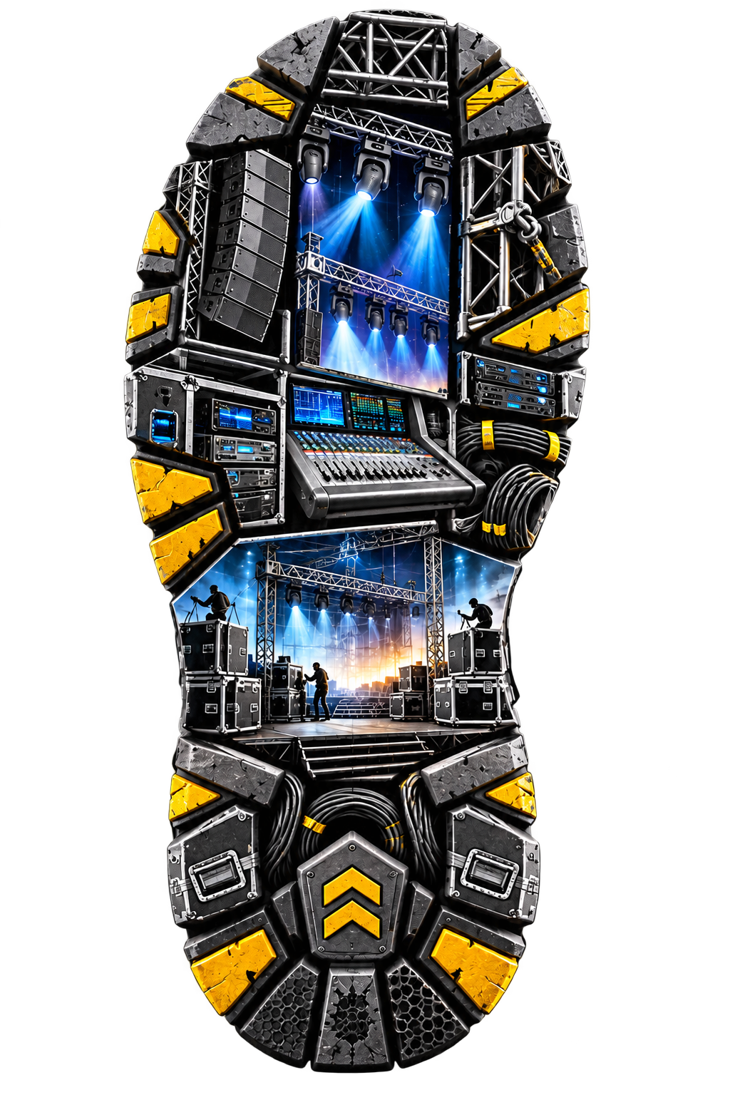 Boot sole formed from concert speakers, mixing consoles, lighting trusses and stage crew