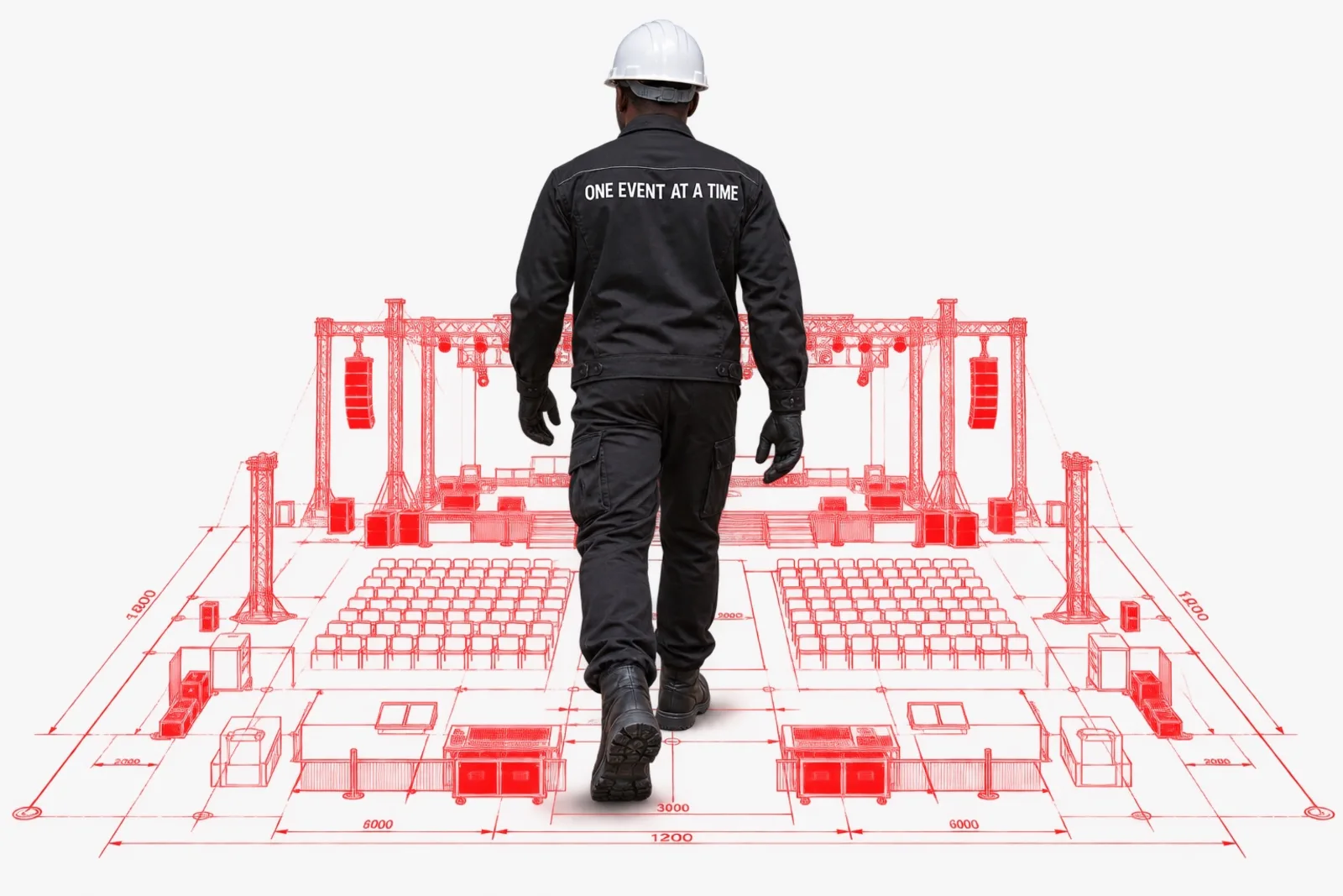 Event Kings technician walking into a red technical wireframe drawing of a stage and seating rig